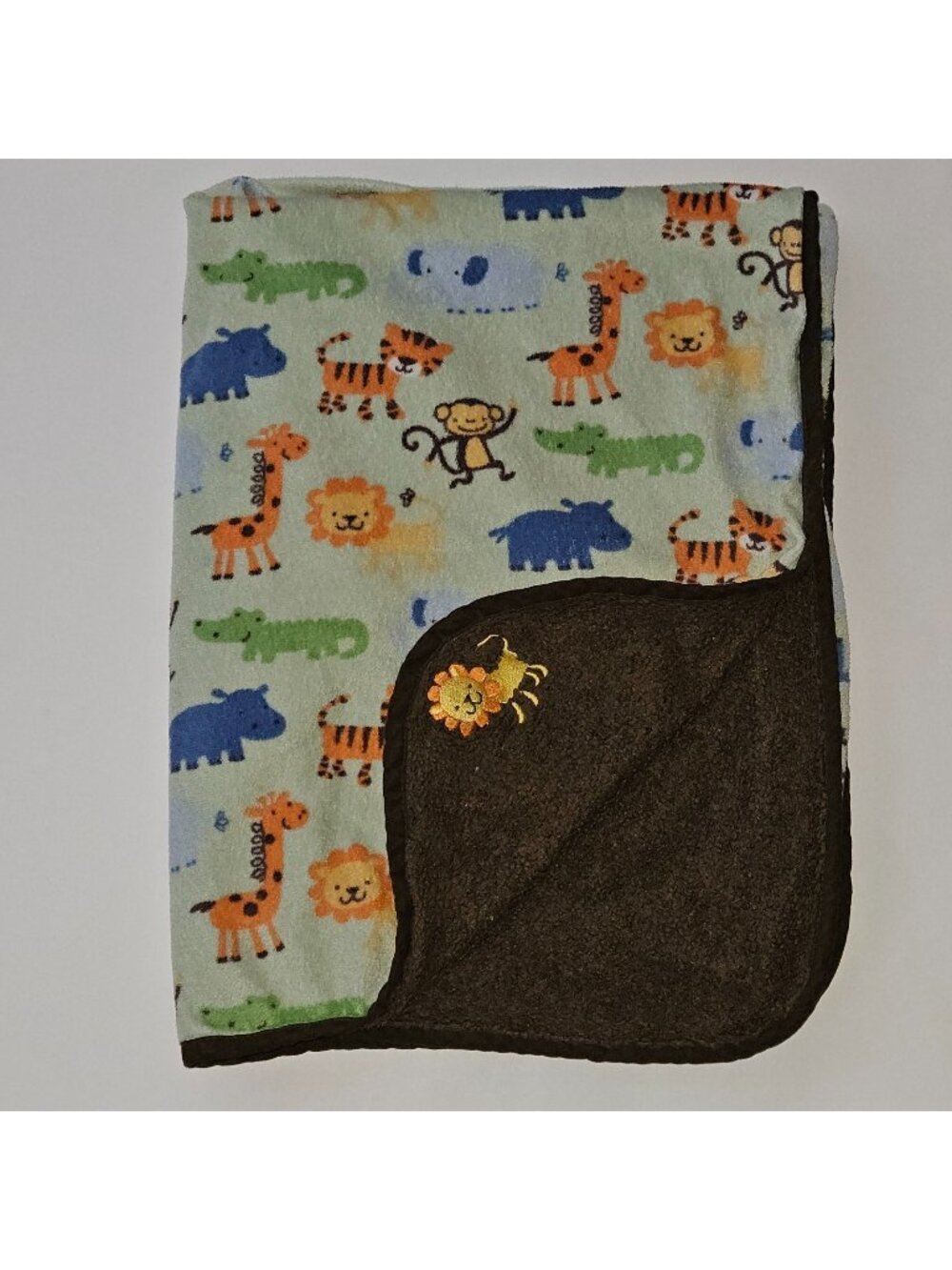 Kidsline Brown Green Fleece Baby Blanket Lion Tiger Monkey Hippo FADING READ